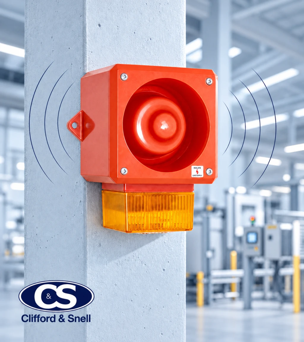 Clifford & Snell YL50 red sounder and amber beacon in a bright industrial setting