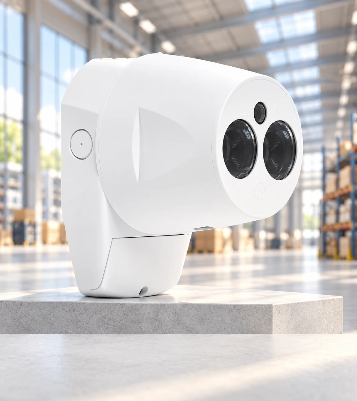 FFE Fireray beam smoke detector in a bright high-ceiling warehouse