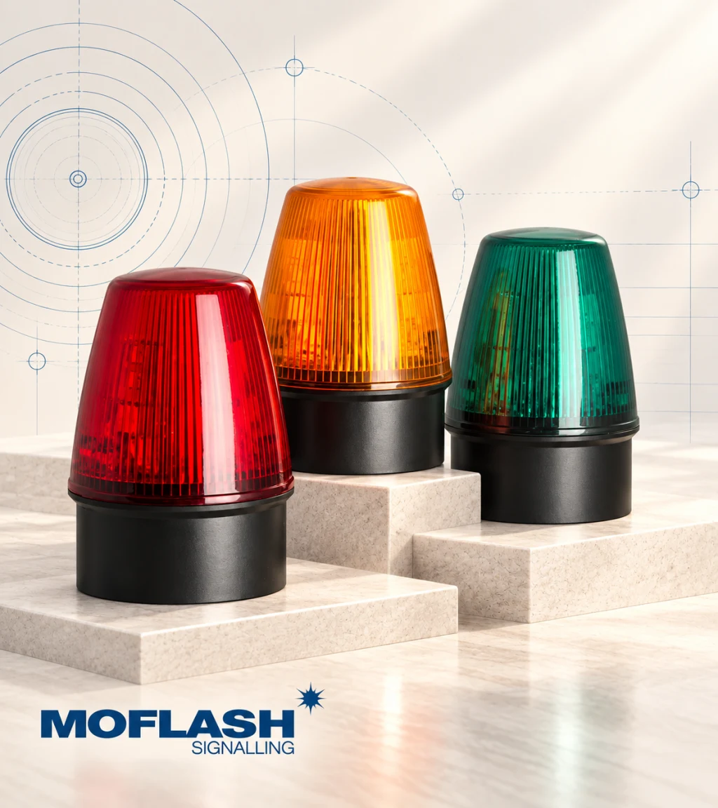 Moflash LED100 red, amber and green warning beacons on pale stone plinths