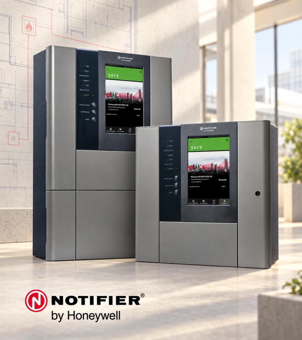 NOTIFIER by Honeywell fire alarm control panels in a bright architectural setting