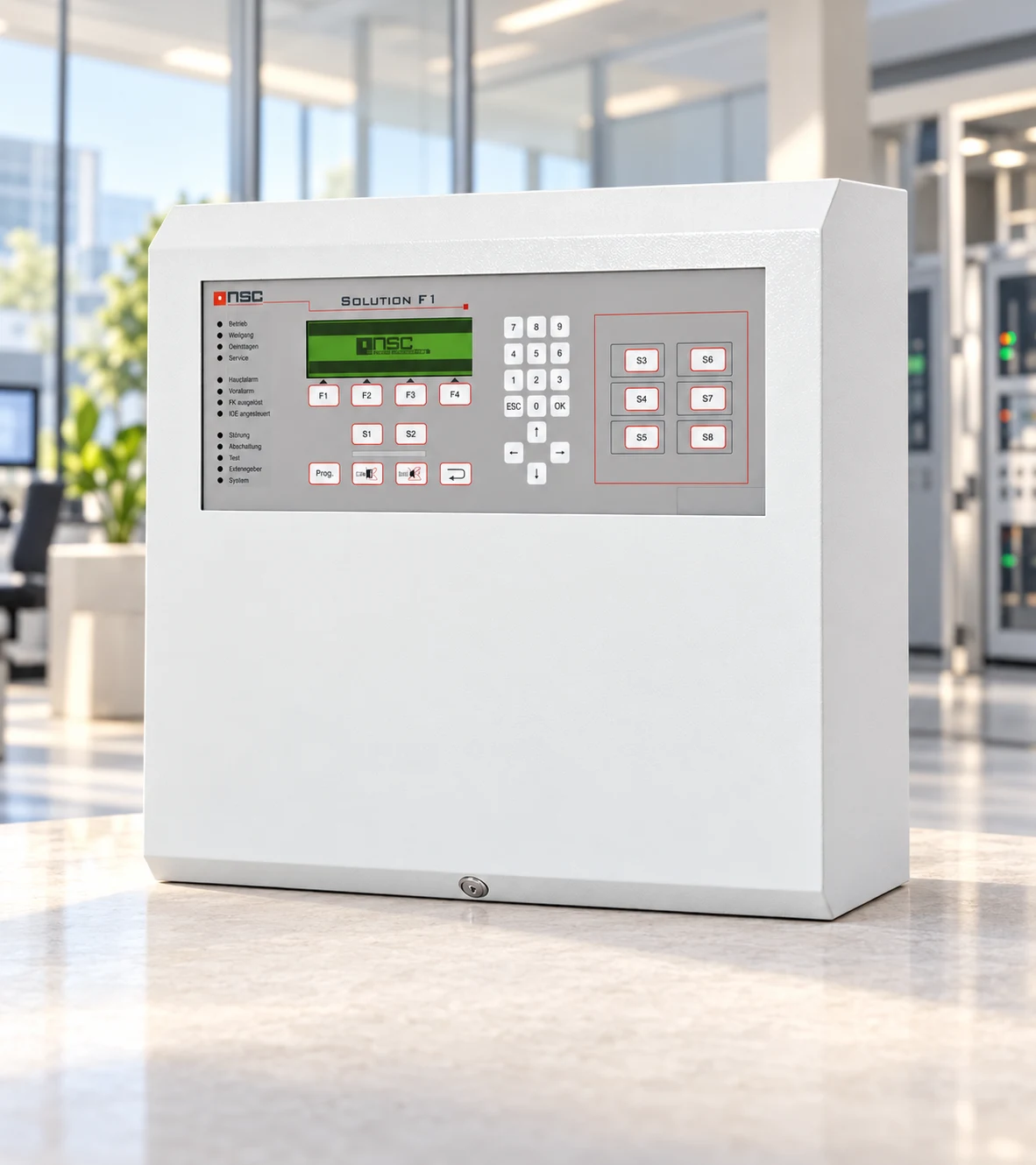 NSC Solution F1 fire alarm panel in a modern building control room