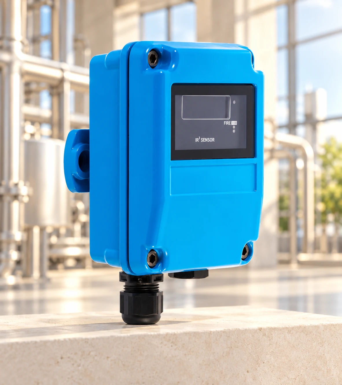 Talentum IR3 flame detector against a sunlit industrial setting
