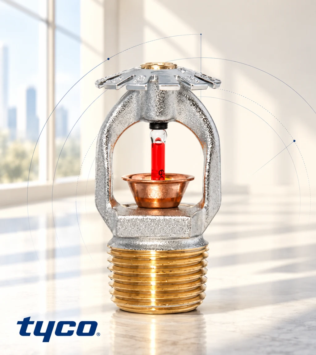 Tyco fire sprinkler with a red glass bulb on a bright architectural background