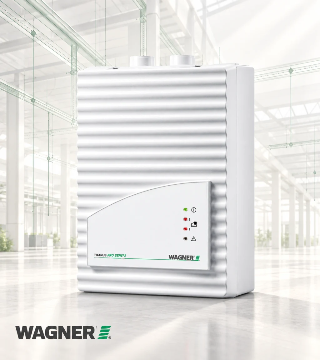 Wagner TITANUS PRO SENS aspirating smoke detector with air-sampling pipework in the background