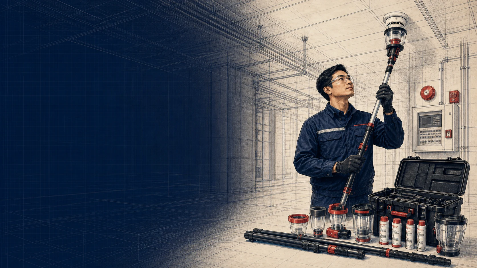 Manufacturer-trained fire safety technician testing a ceiling detector