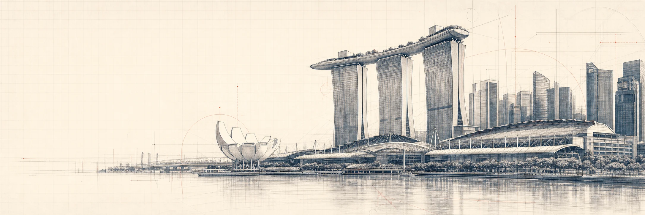 Singapore skyline rendered as an architectural technical sketch