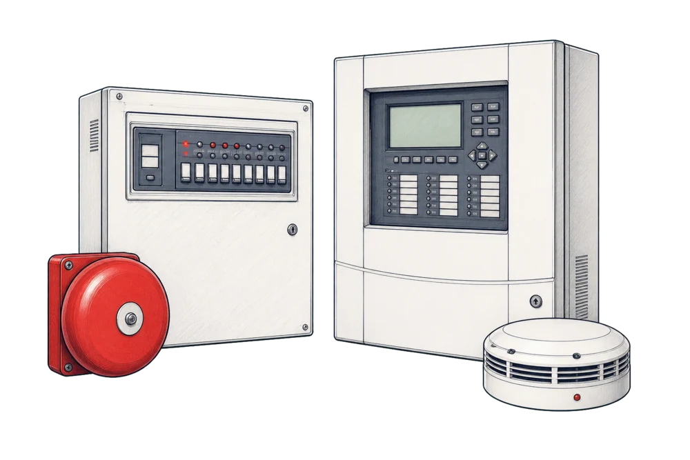 Historic and modern fire-alarm equipment rendered as a technical line drawing