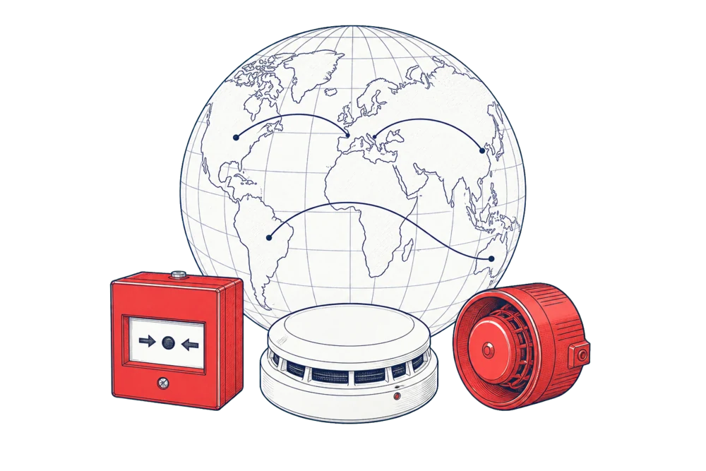 Fire safety equipment connected across a technical globe drawing