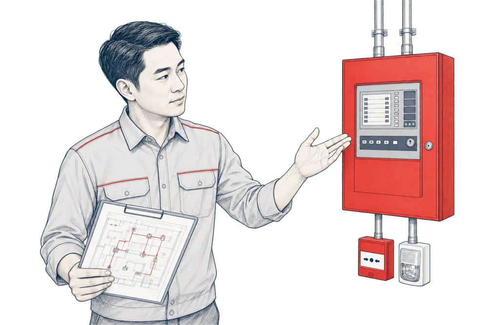 Fire safety engineer reviewing a system drawing beside an alarm panel