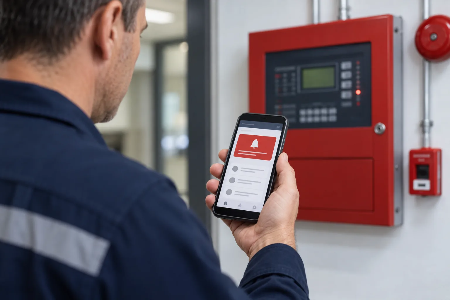 Remote fire-alarm monitoring and visitor notification illustration