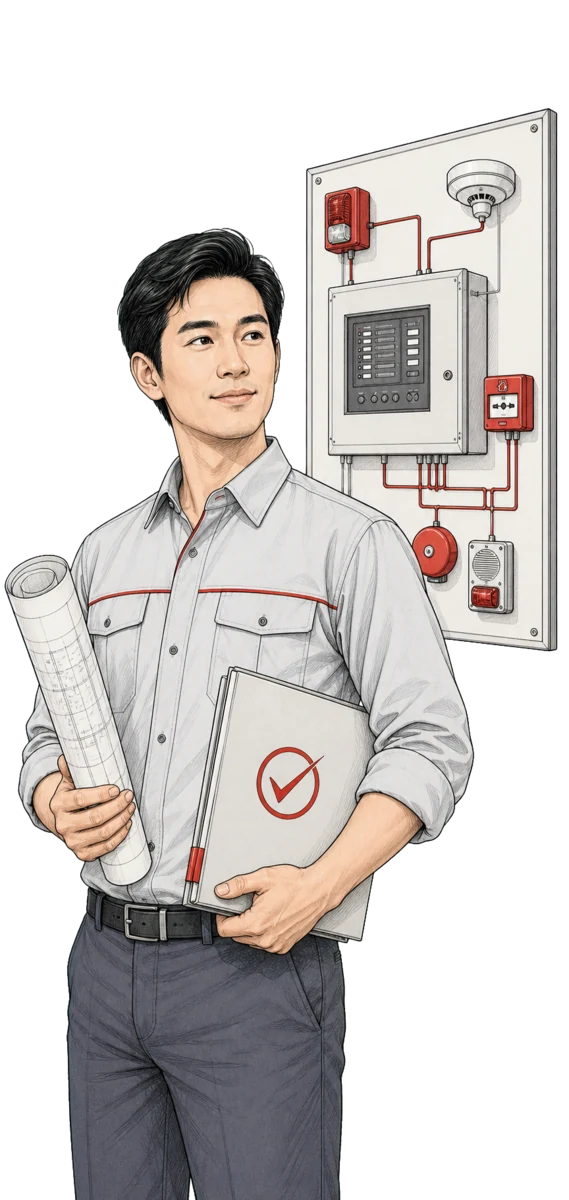 Fire safety design engineer with plans, approval documents and a system board