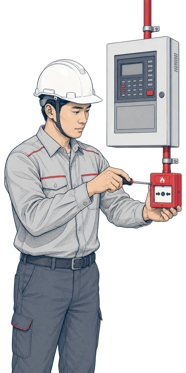 Fire safety installer fitting a manual call point beside an alarm panel