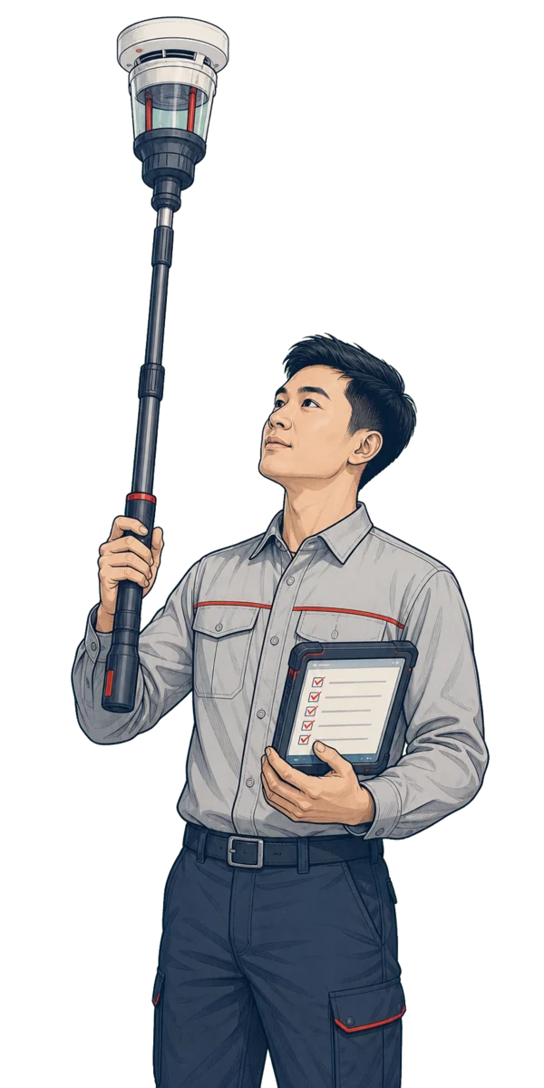 Commissioning technician testing a smoke detector with a professional access tool