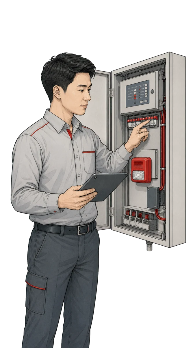 Maintenance technician inspecting an open fire-alarm control panel