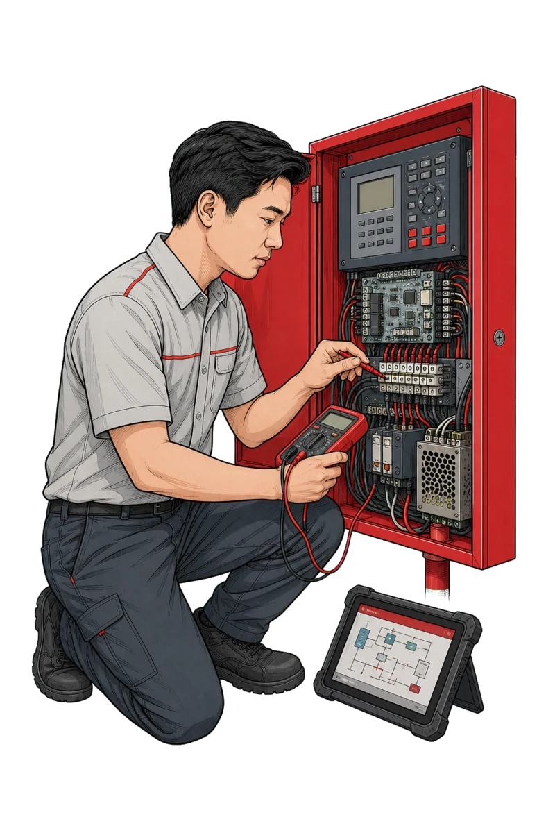 Troubleshooting technician diagnosing a fire-alarm panel with a multimeter
