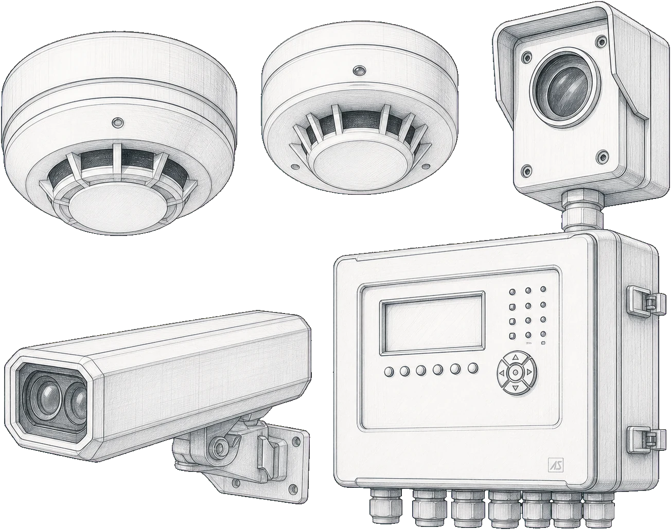 Smoke, heat, flame, beam and aspirating detectors technical sketch