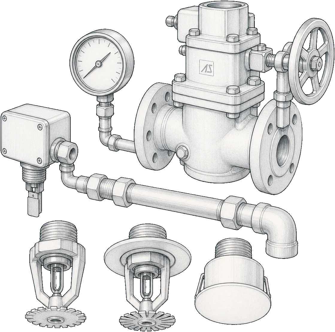 Emergency pumps, hydrants and hoses technical sketch
