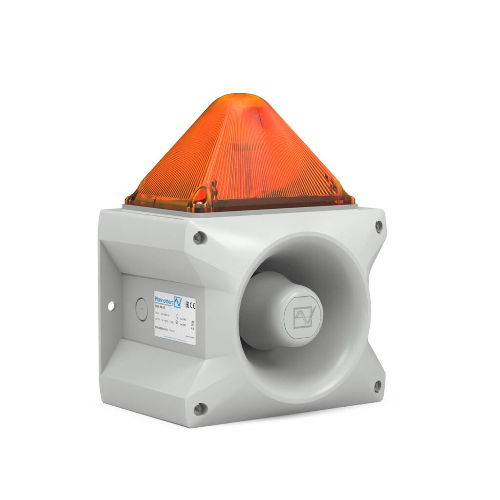Pfannenberg PATROL PA X 10 sounder with amber beacon against an industrial background