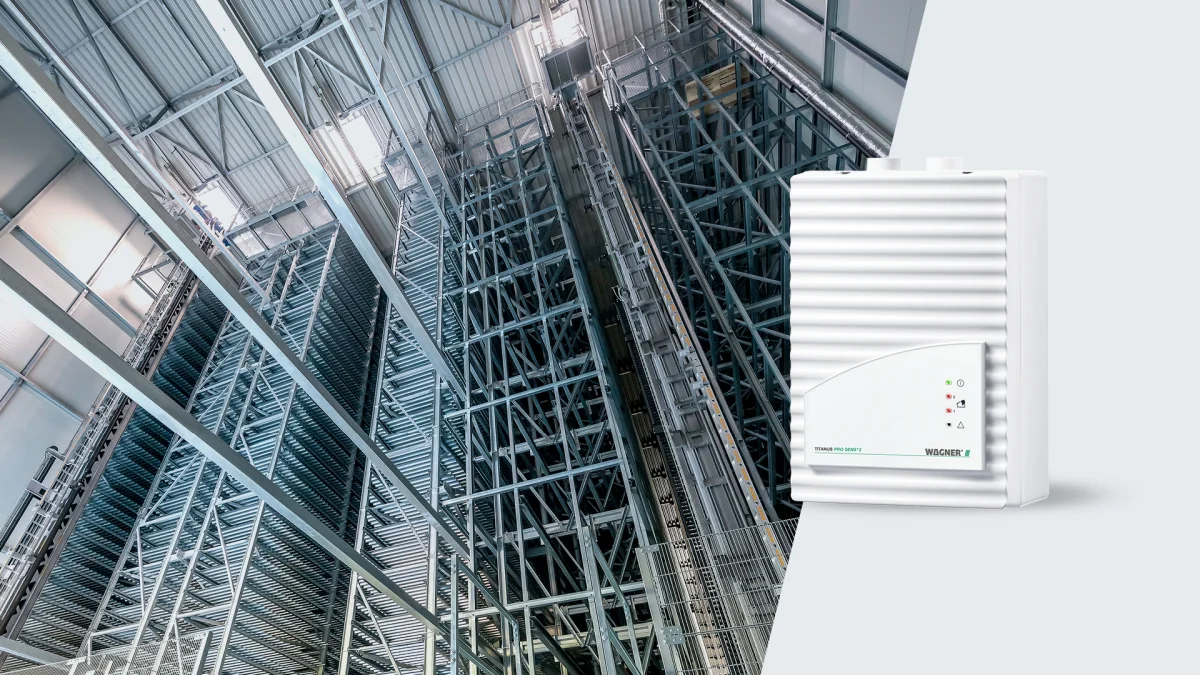 TITANUS PRO·SENS · air-sampling detection in a high-bay warehouse